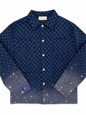 Gucci Blue GG Denim oversized Jacket with Crystal-Embellished Cuffs